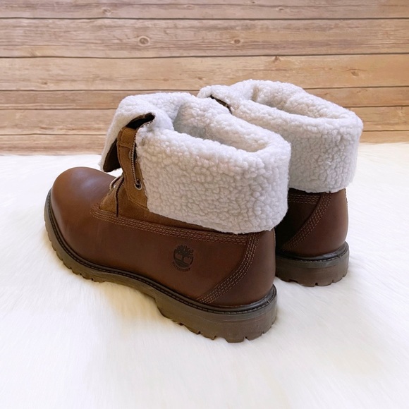 Timberland Women’s Authentics Teddy Fleece Waterproof Fold Down Brown Boot - Picture 2 of 9